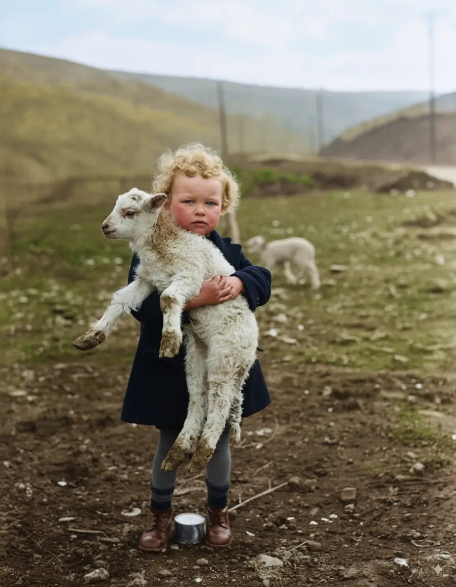Damaged vintage photo of young boy with lamb restored using AI photo restoration technology