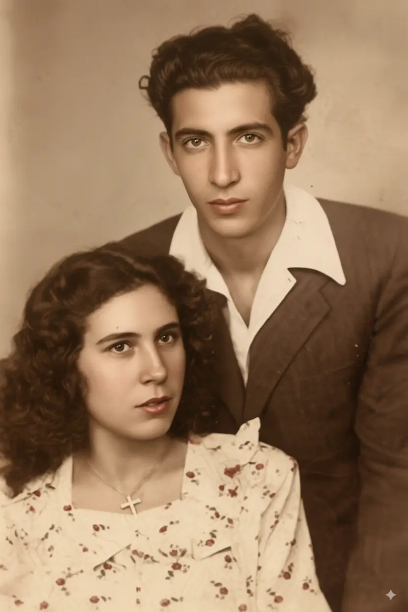 Faded old wedding photo of vintage couple restored with professional AI photo restoration