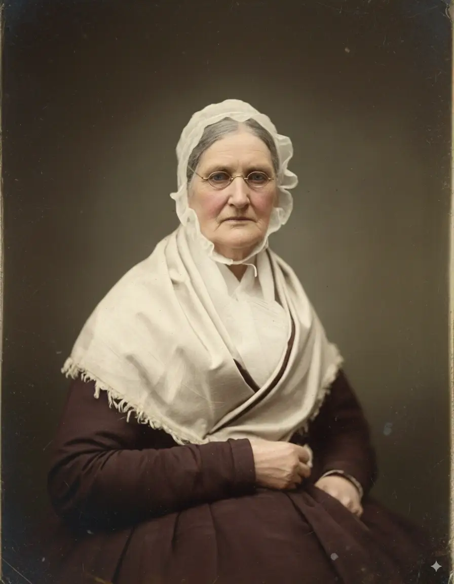 Torn vintage portrait of elderly woman beautifully restored through AI old photo restoration