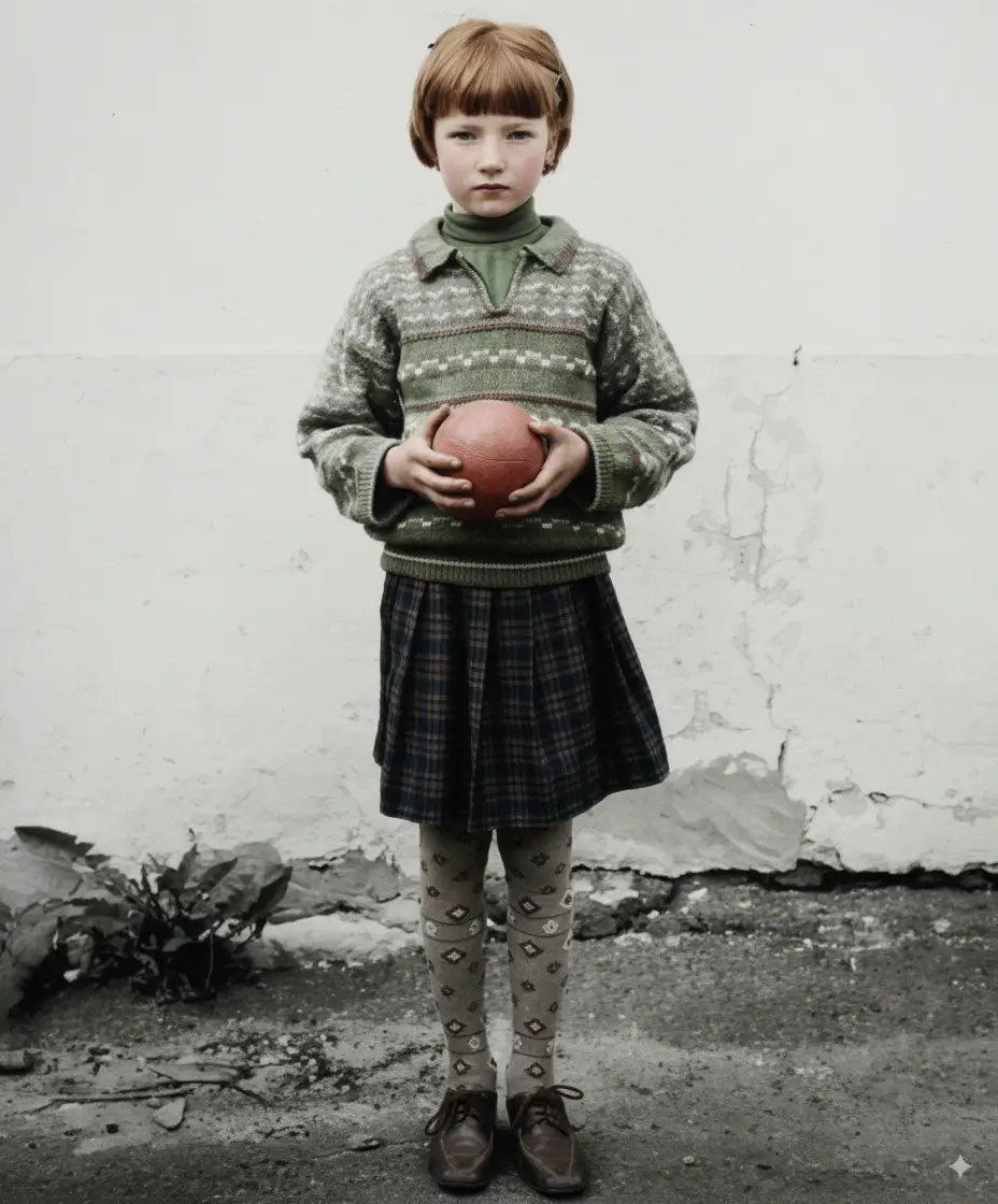 Young girl with ball vintage photo restoration example - Restored