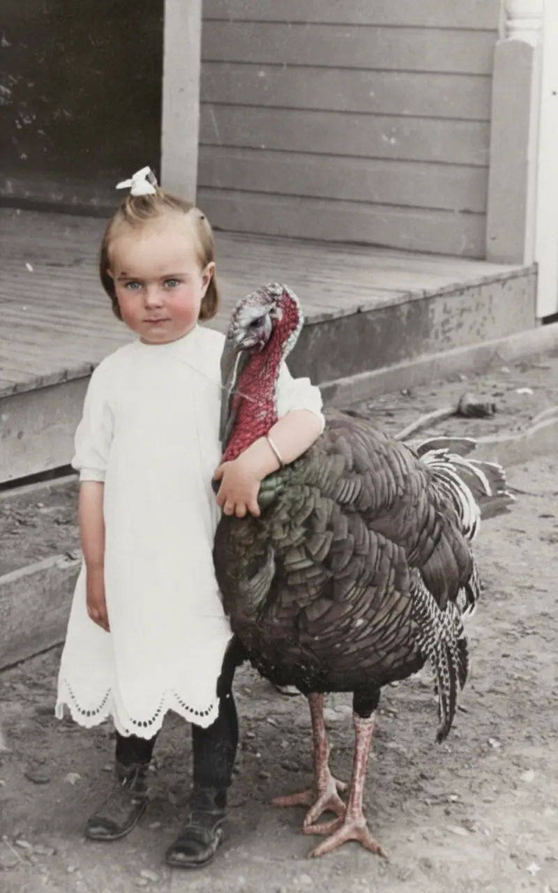 Girl with turkey historical photo restoration example - Restored