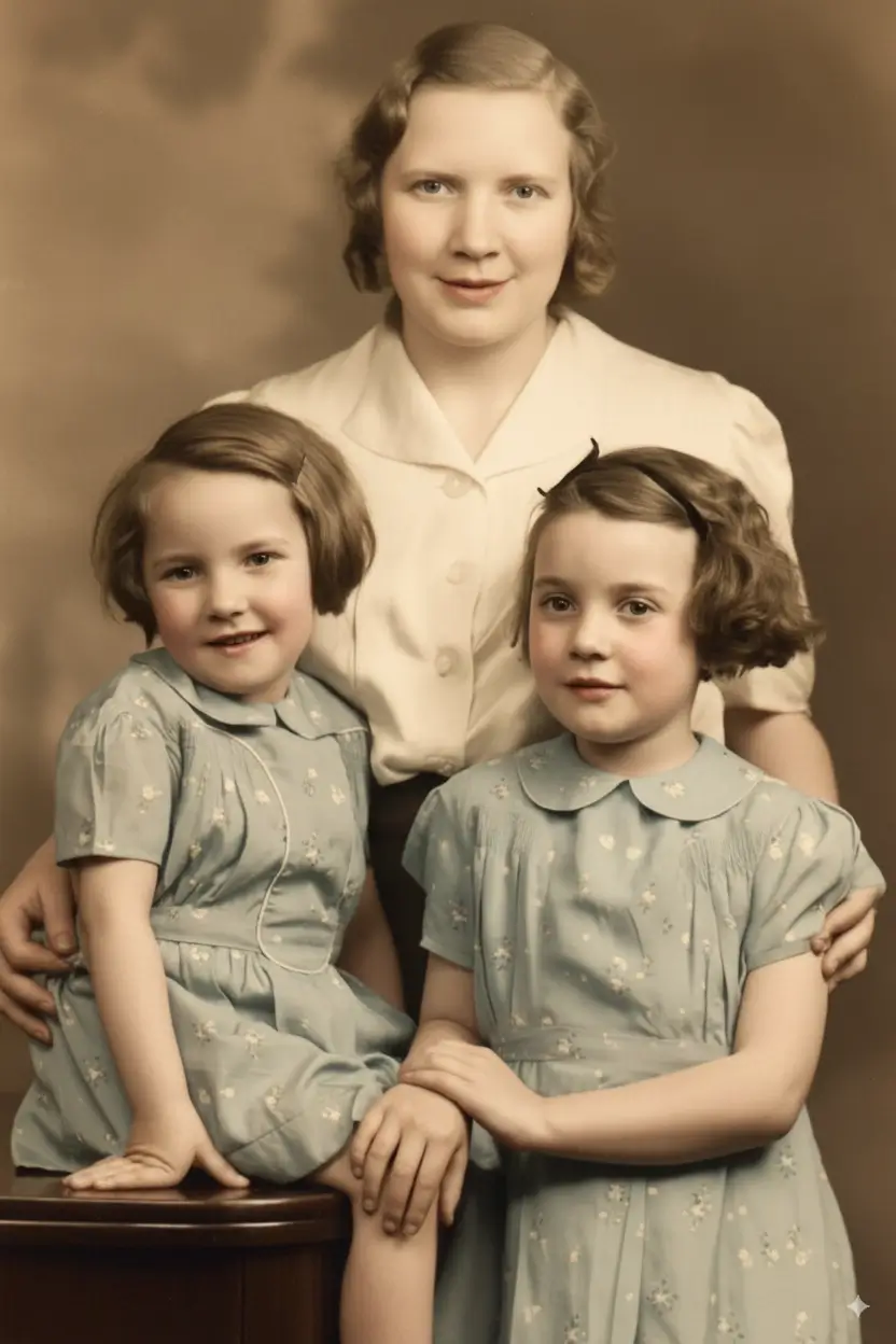 Mother and daughters vintage photo restoration example - Restored