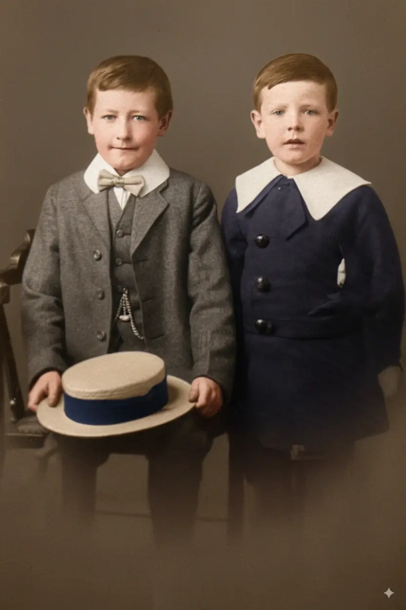 Two boys childhood photo restoration example - Restored