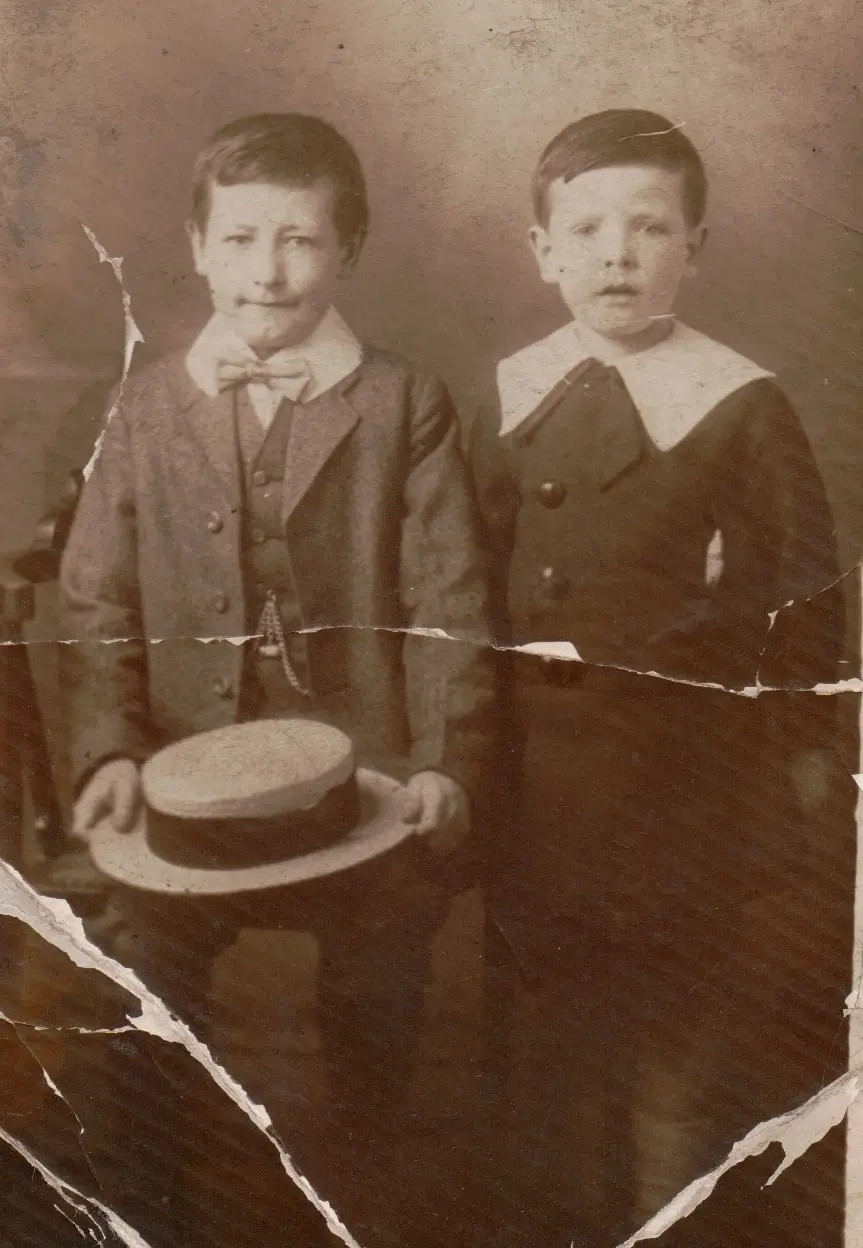 Two boys childhood photo restoration example - Original