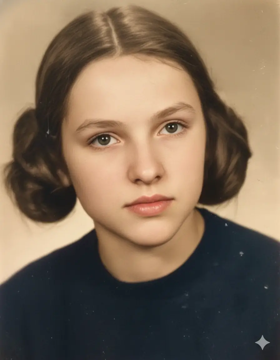 Vintage girl portrait with scratches beautifully repaired through AI scratch removal