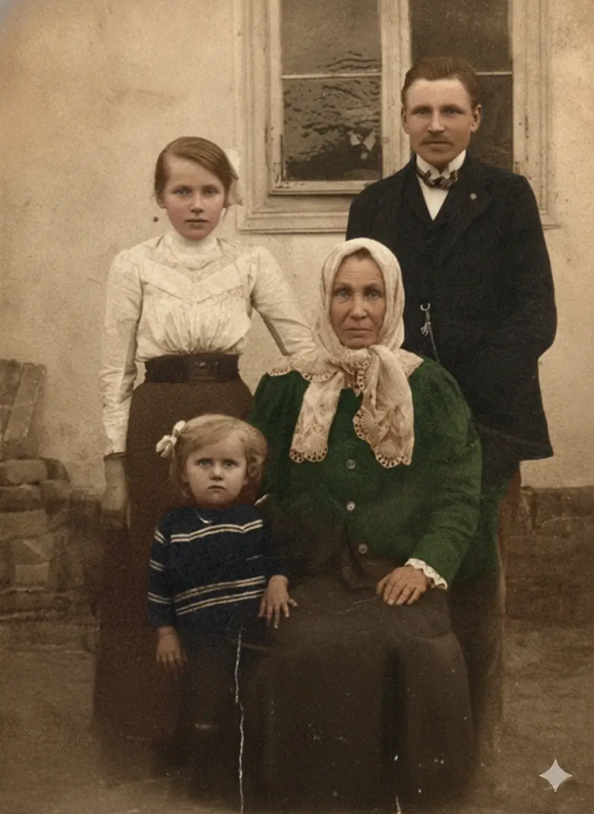 Scratched photo of vintage siblings restored to perfection using best AI photo scratch remover online