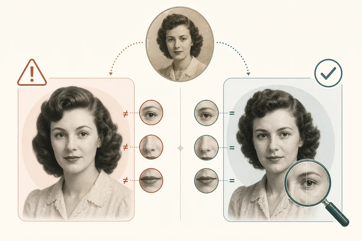 Comparison illustration showing faithful AI photo restoration versus over-restored face detail