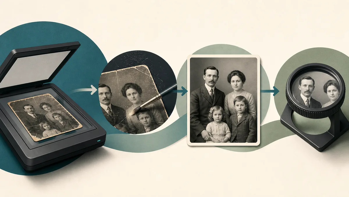 Editorial workflow diagram showing AI photo restoration techniques for old family photos
