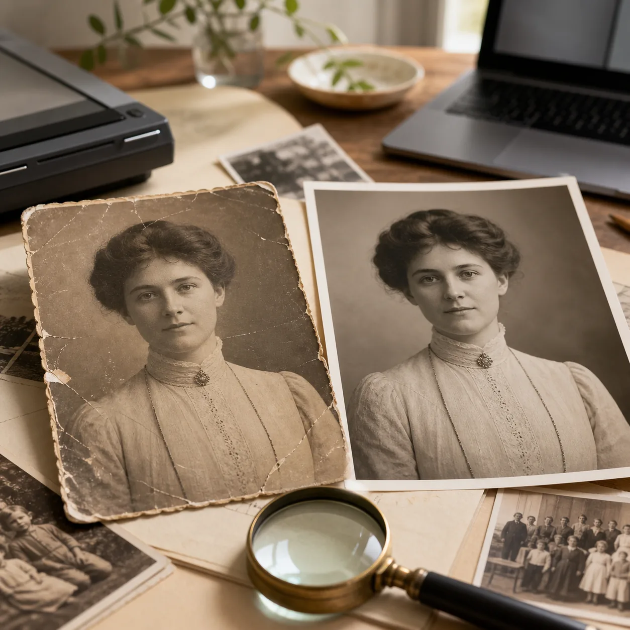 Faded vintage family portrait beside a natural restored copy on a desk with a scanner and magnifying glass