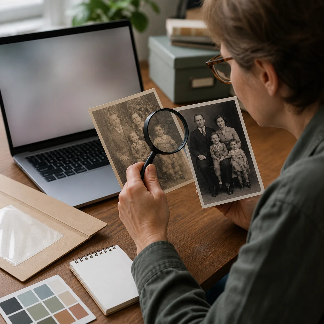 Person comparing an original family photograph and a restored print with a magnifying glass