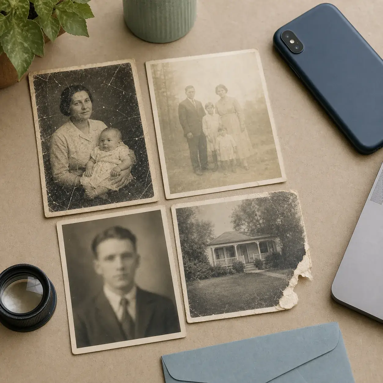Four vintage photos showing scratches, fading, blur, and torn paper as restoration comparison cases