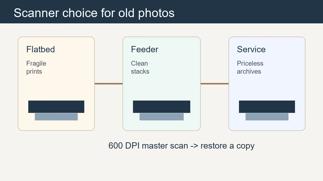 Comparison graphic showing flatbed scanner, photo feeder scanner, DPI choice, and restoration workflow for old photos