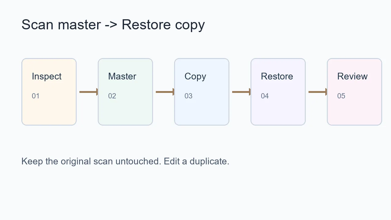 Workflow from master scan to duplicate restoration copy and final review