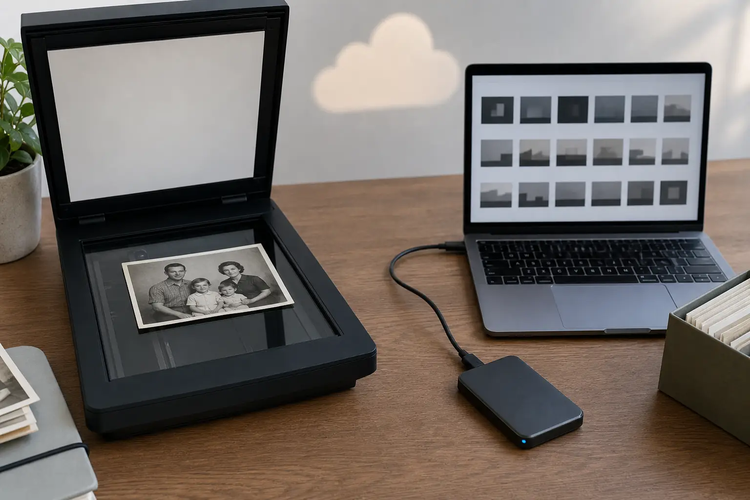 Old family photograph being scanned with copies stored on a laptop and external drive