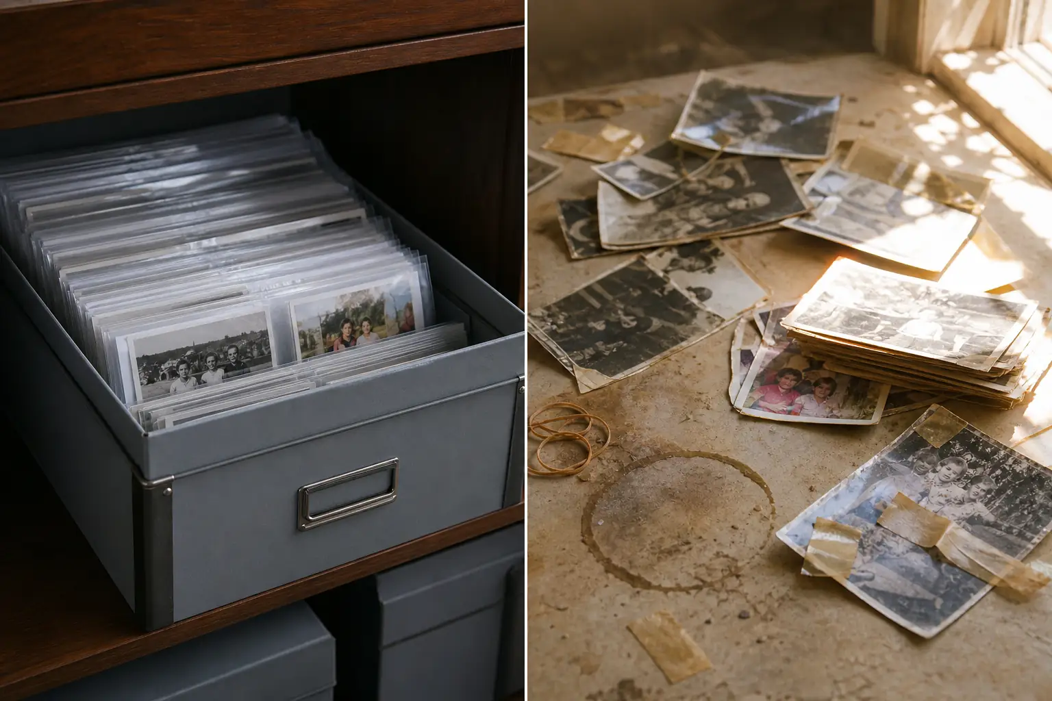 Protected photographs in a storage box compared with loose photos exposed to moisture and sunlight