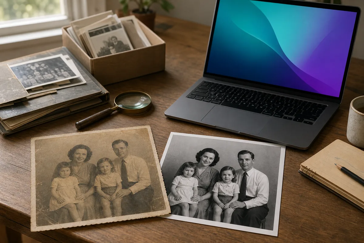 Conceptual Canva photo restoration workspace with an old family photo and a restored copy