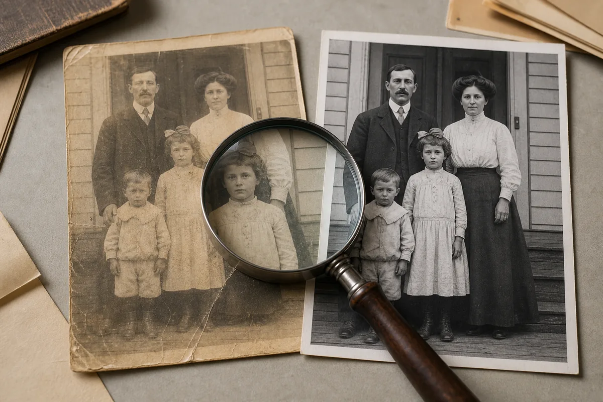 Conceptual side-by-side identity check of an original and restored family portrait