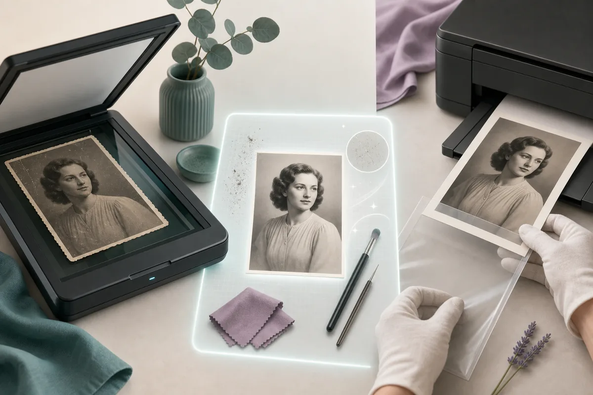 Editorial workflow from scanning an old portrait through digital restoration to an archival print