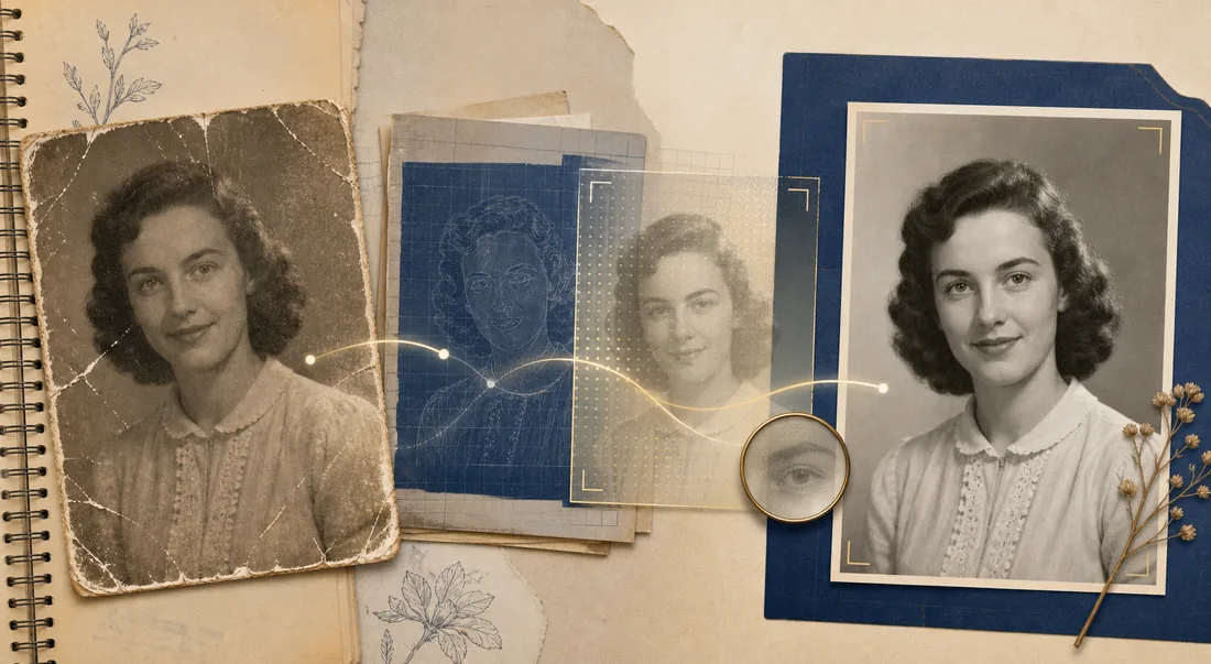 Editorial illustration of a damaged family photograph moving through a careful Gemini restoration review workflow