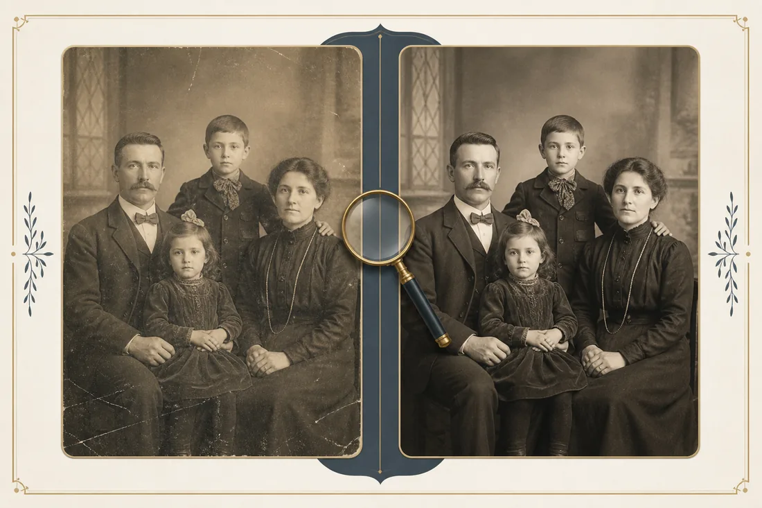 Editorial before and after comparison of a family photograph with a magnifying glass for identity and detail review