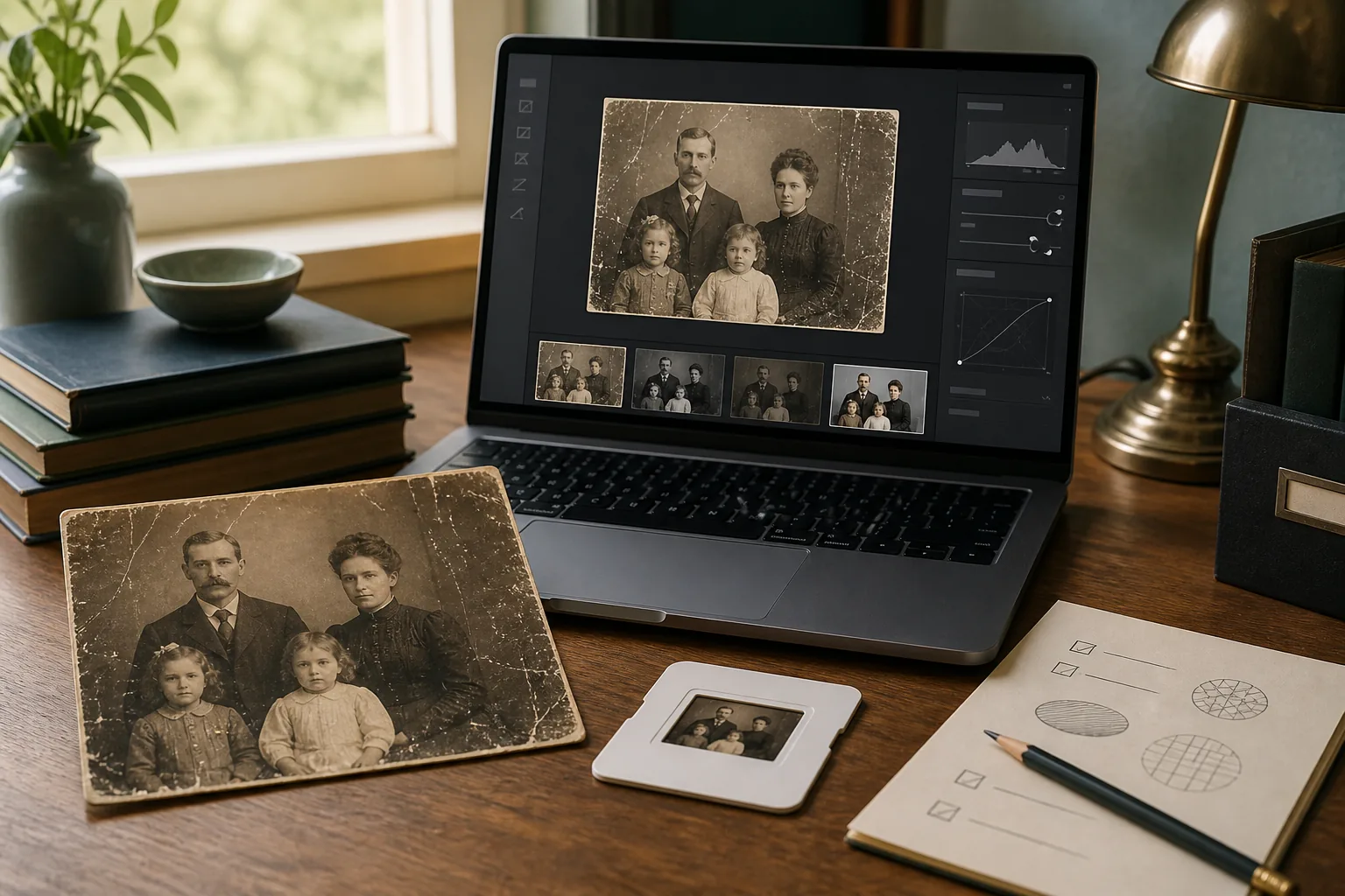 A scanned family portrait, laptop, and checklist arranged for a careful ChatGPT old photo restoration workflow