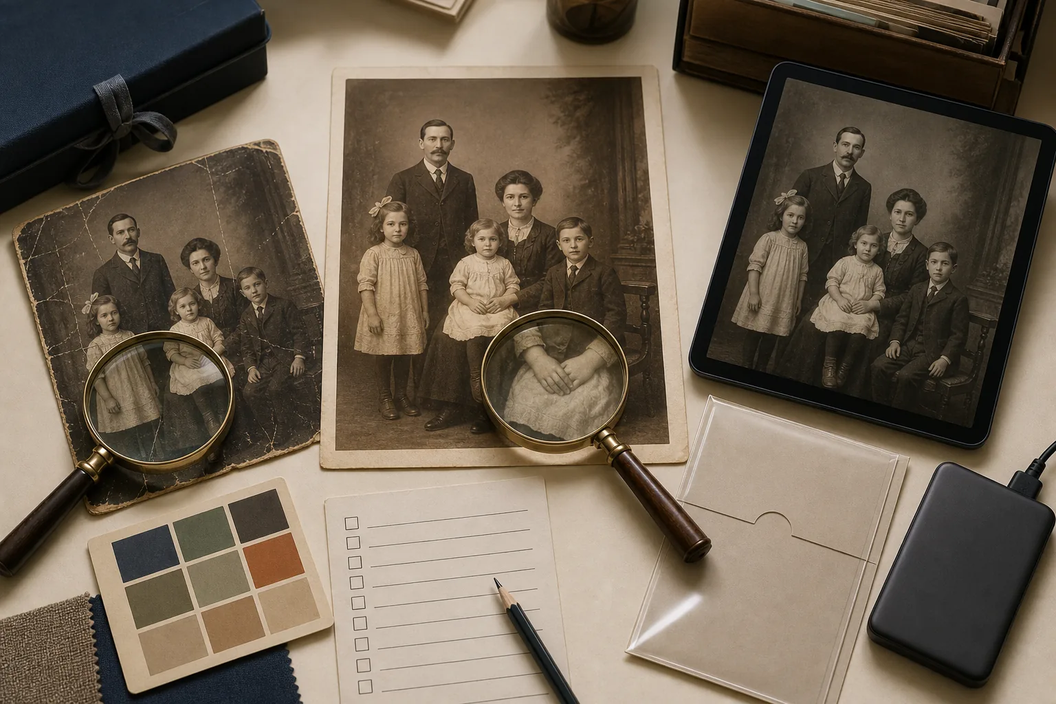 Original and restored family portraits compared with a magnifying glass, color swatches, and archive materials