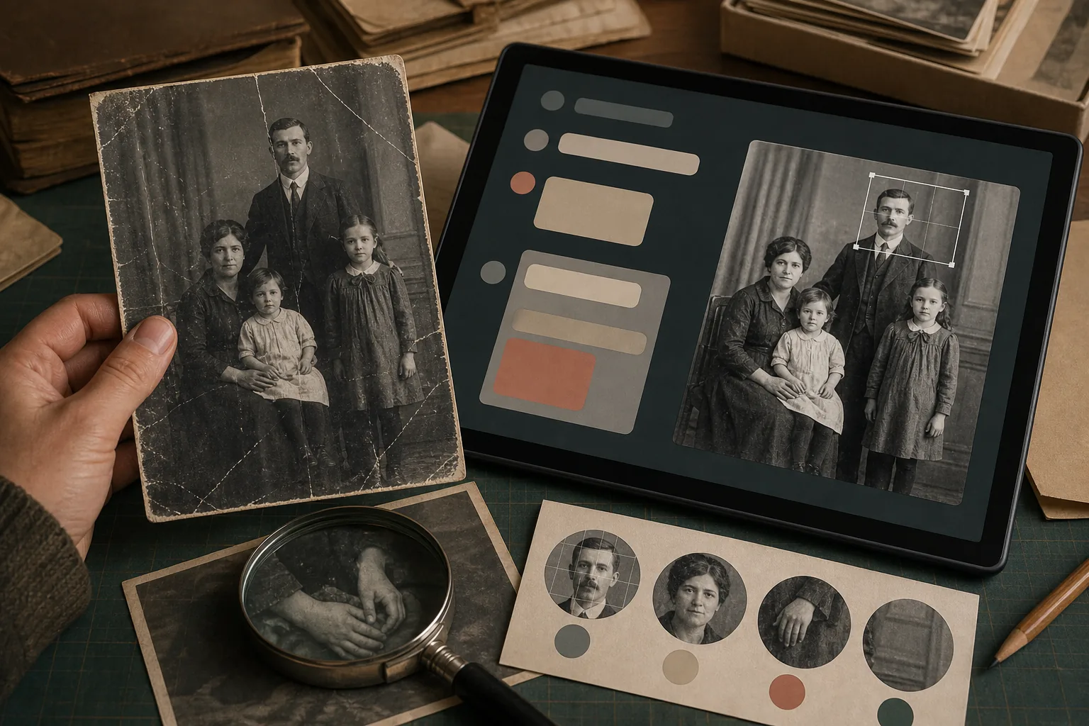 A hand holding a scratched family photo beside a tablet showing a neutral image review workspace