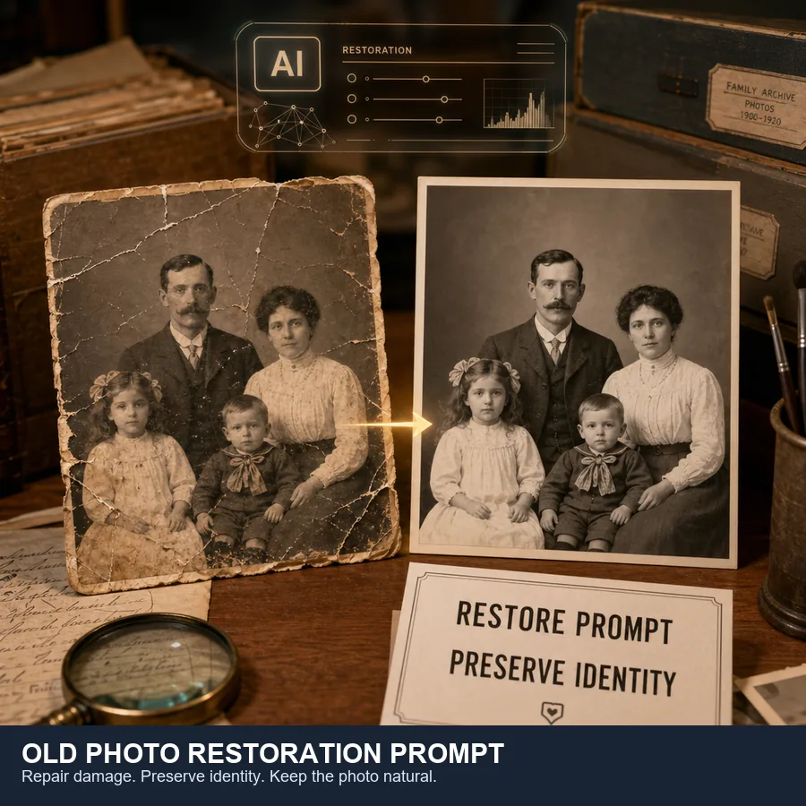 AI prompt workflow for restoring an old damaged family photo while preserving identity