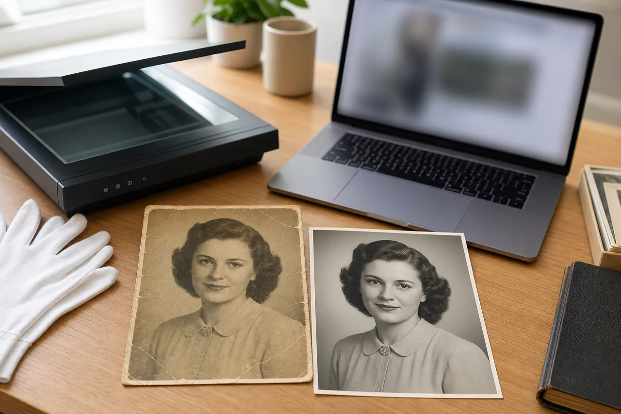 Desk workflow comparing an old faded portrait with an online AI restored version