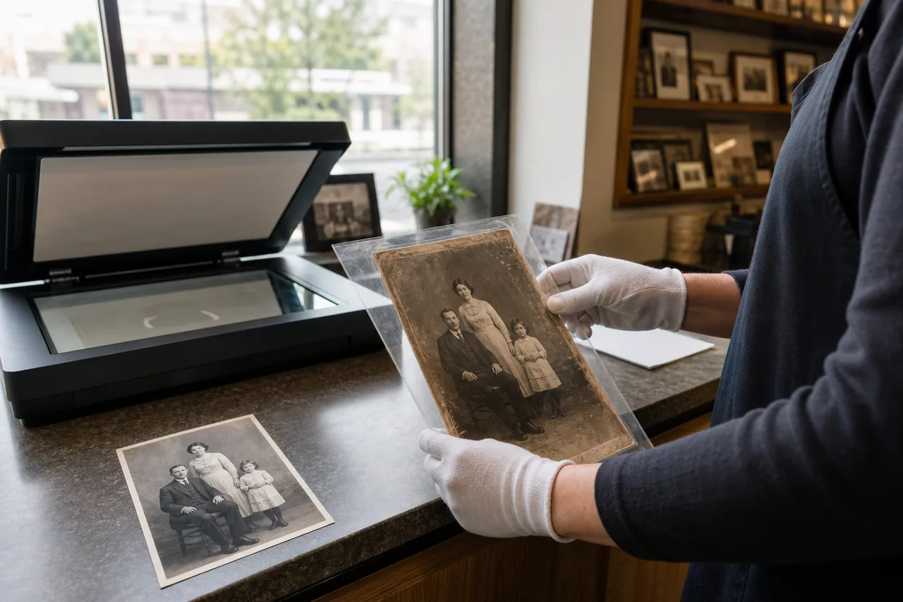 Local photo restoration counter with an old family portrait prepared for scanning