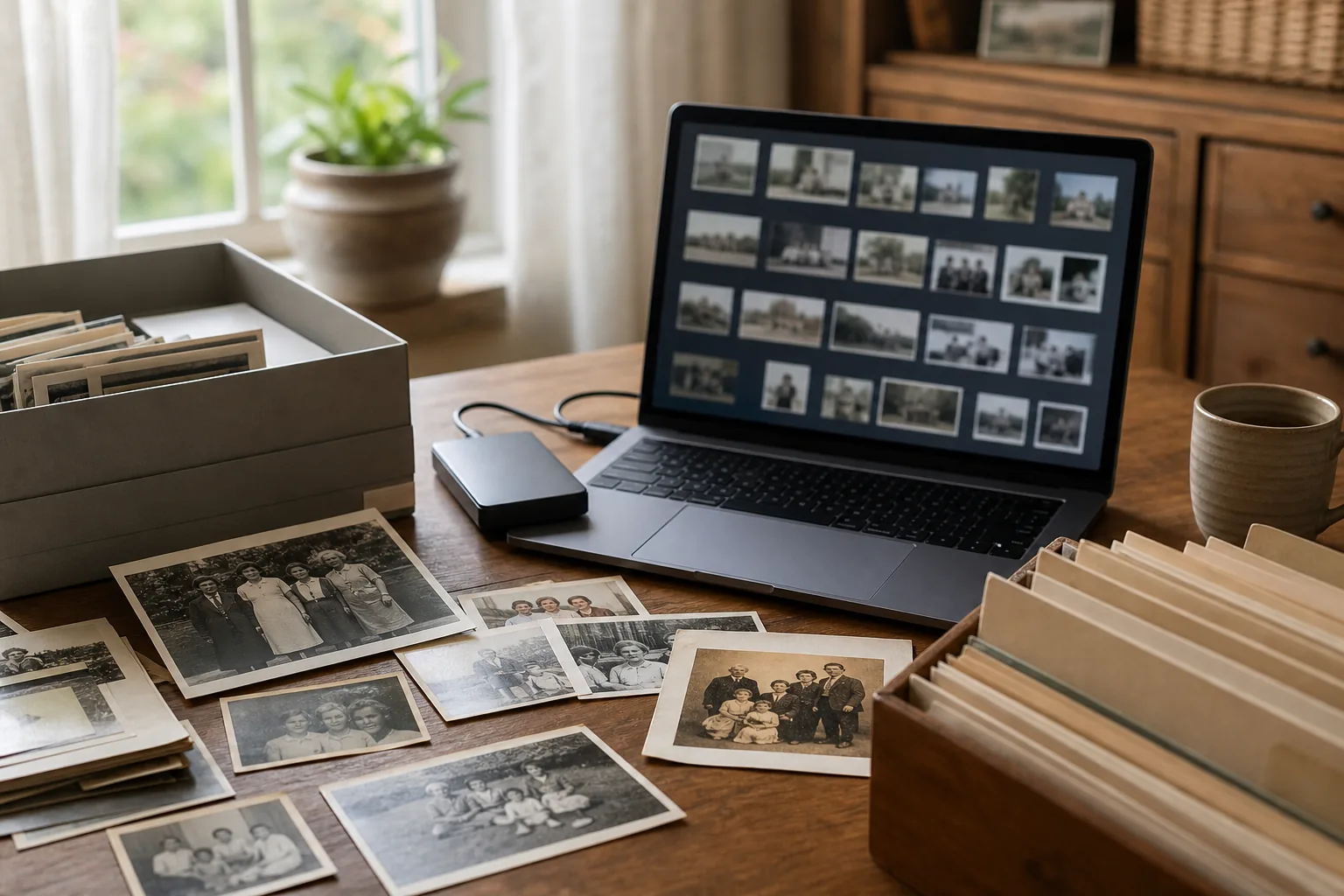 Digitized family photos organized with backup storage