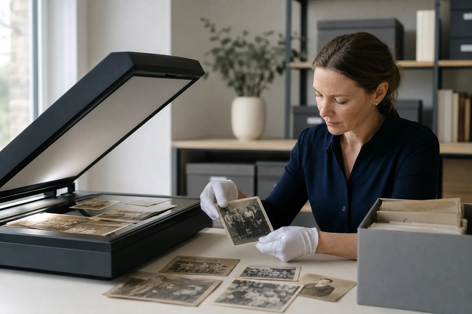 Professional technician carefully scanning vintage family photographs