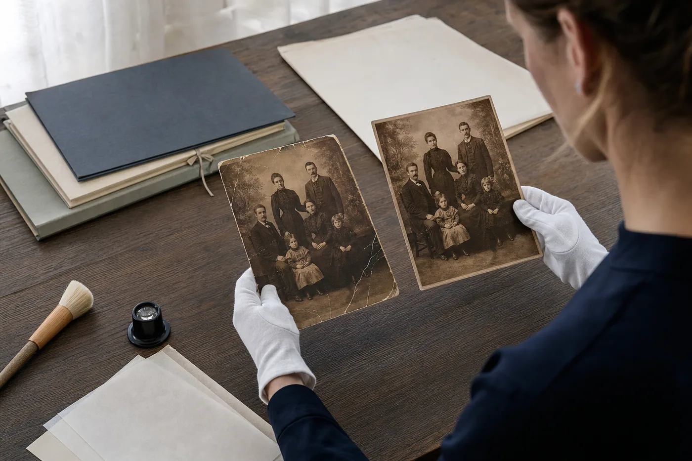 Editorial illustration comparing a damaged family photo with a conservative restoration