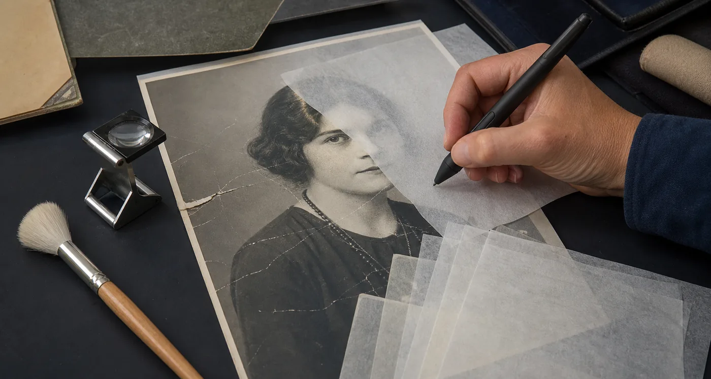 Editorial illustration of localized scratch repair on an old portrait