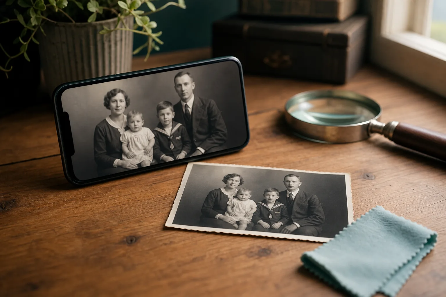 Smartphone and printed vintage family photo prepared for blurry old photo restoration
