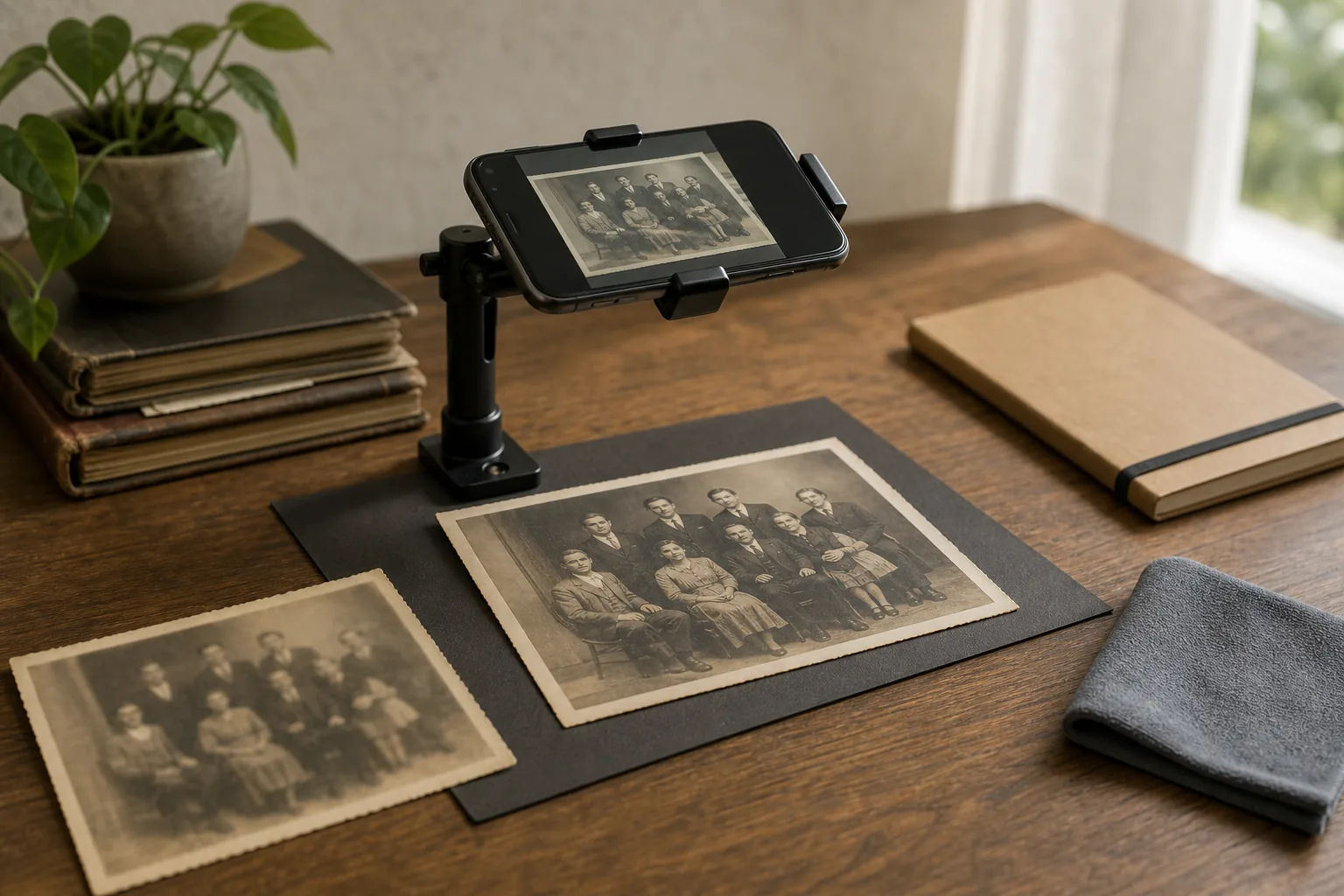 Phone mounted above an old family photograph for a stable restoration-ready capture