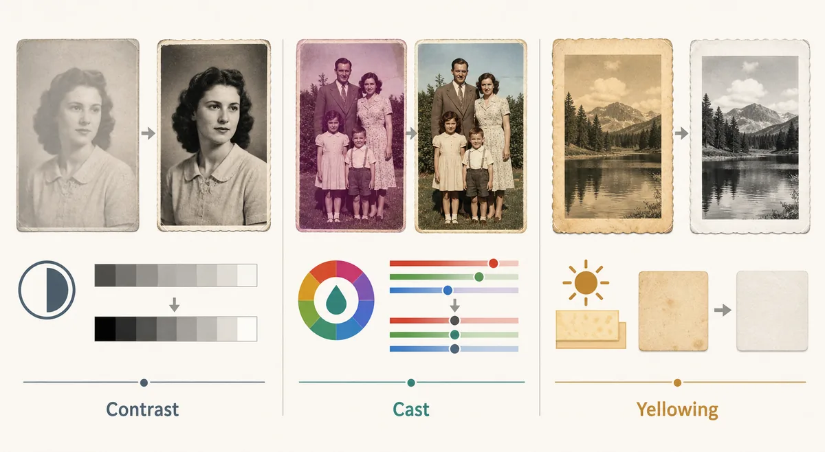 Editorial comparison of low contrast, color cast, and paper yellowing fixes for faded photo restoration