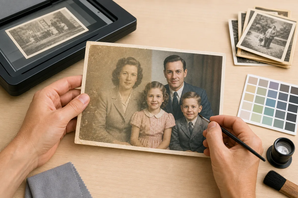 Faded old family photo being restored with scanner and careful color correction workflow