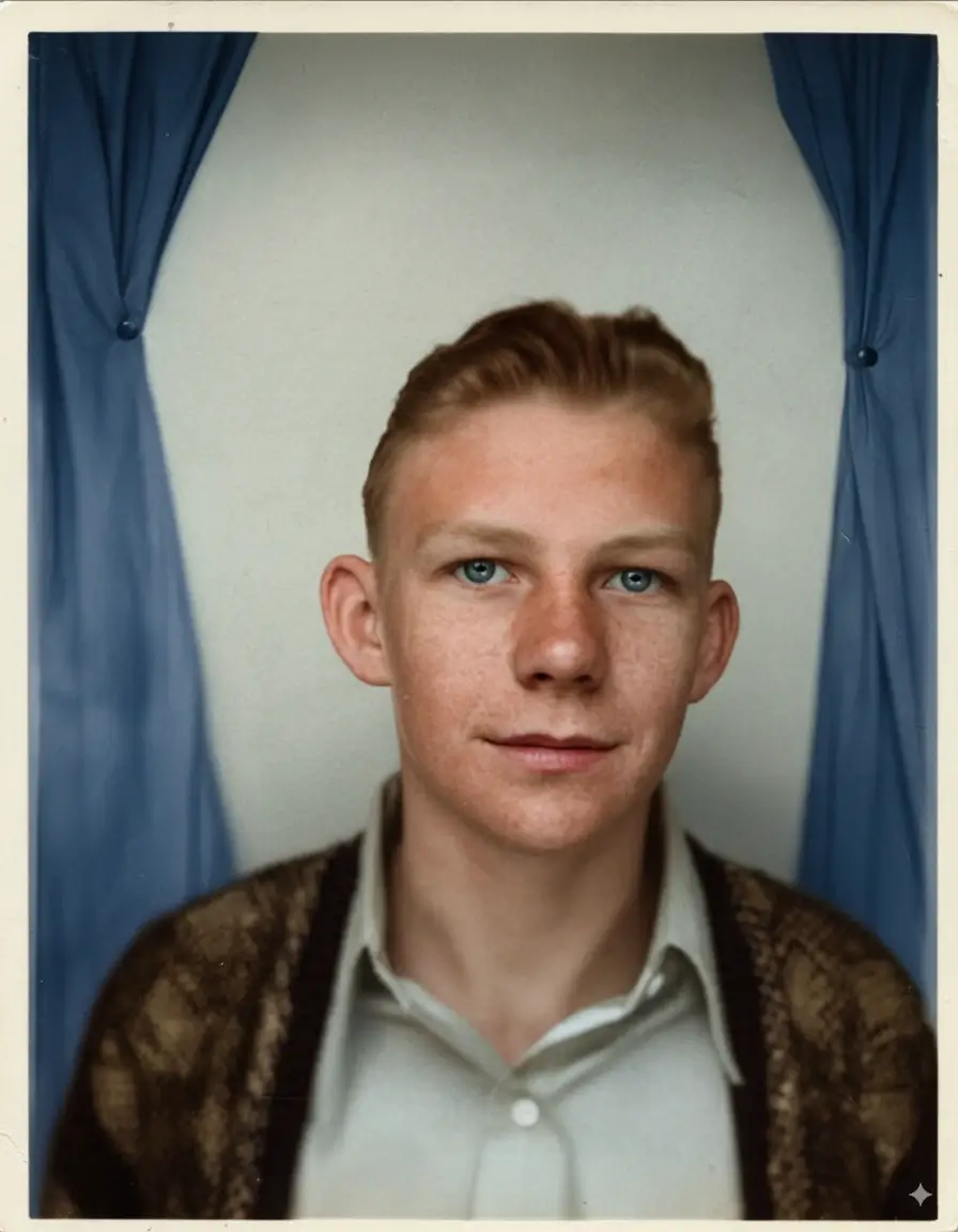 Black and white vintage photo of blond man colorized using AI photo colorization technology