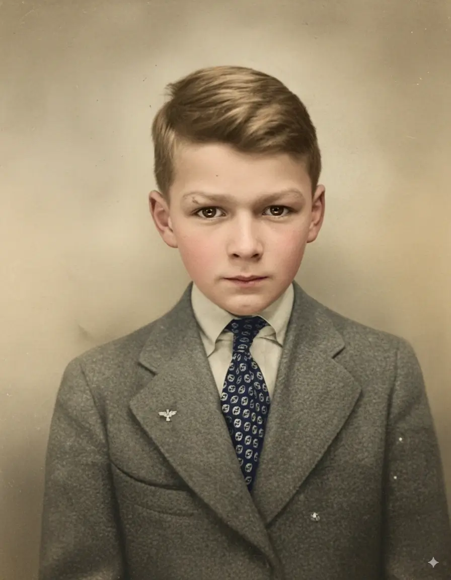 Vintage black and white photo of boy in suit colorized with professional AI photo colorizer