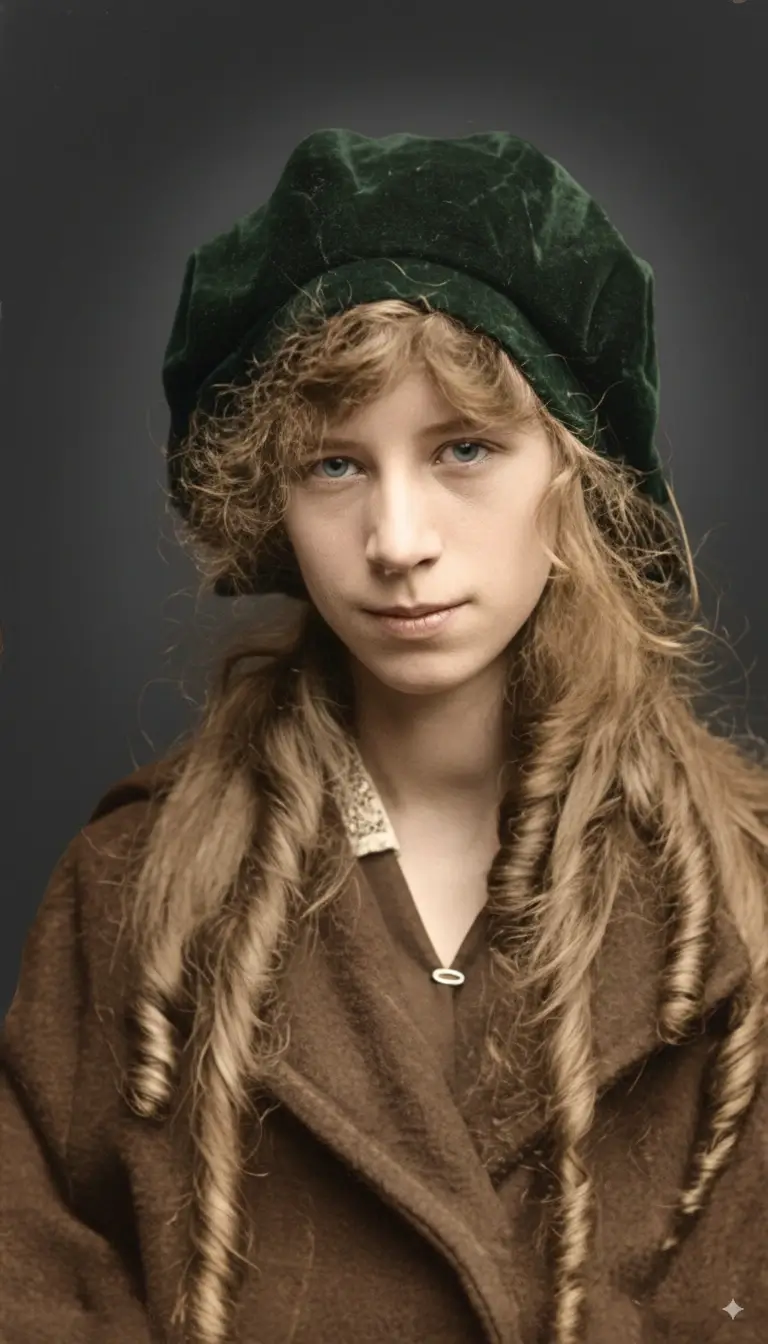 Vintage black and white photo of girl with green hat beautifully colorized through AI colorization