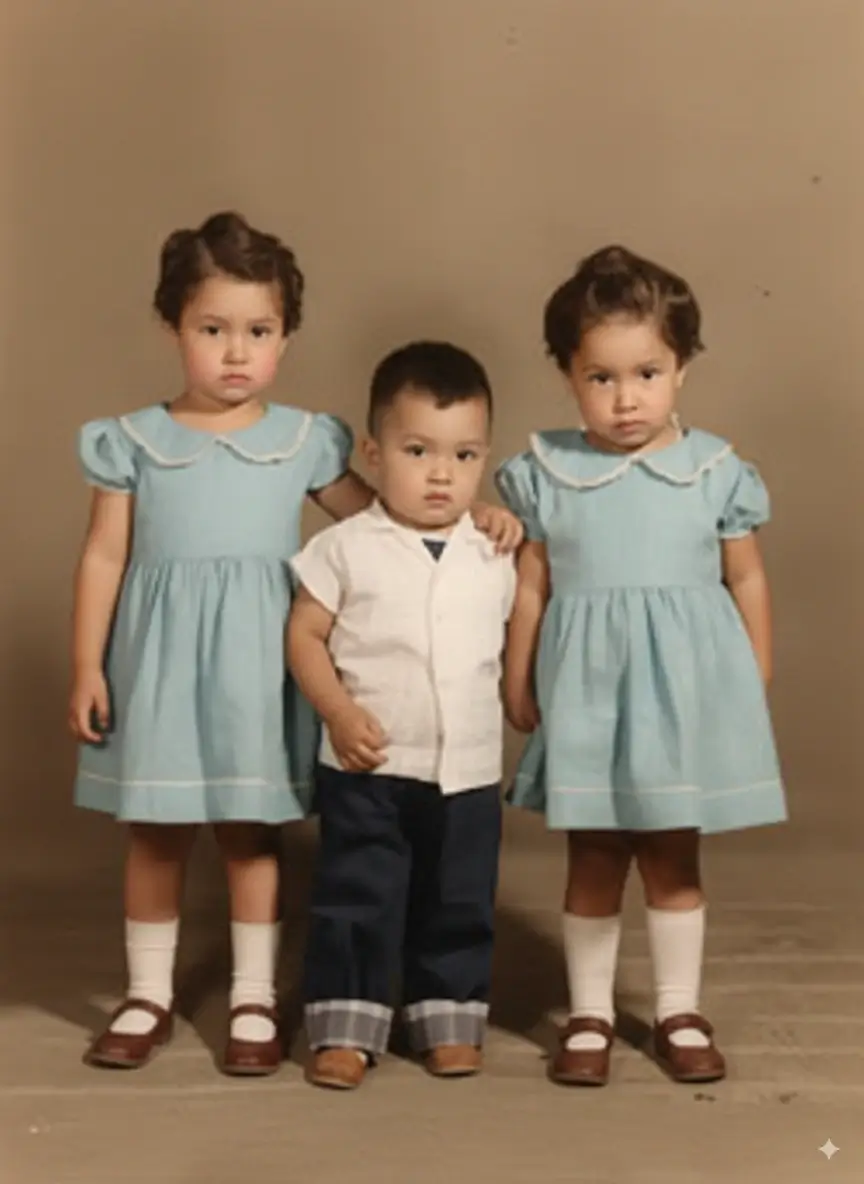 Black and white photo of twin girls colorized to perfection using best AI photo colorizer online