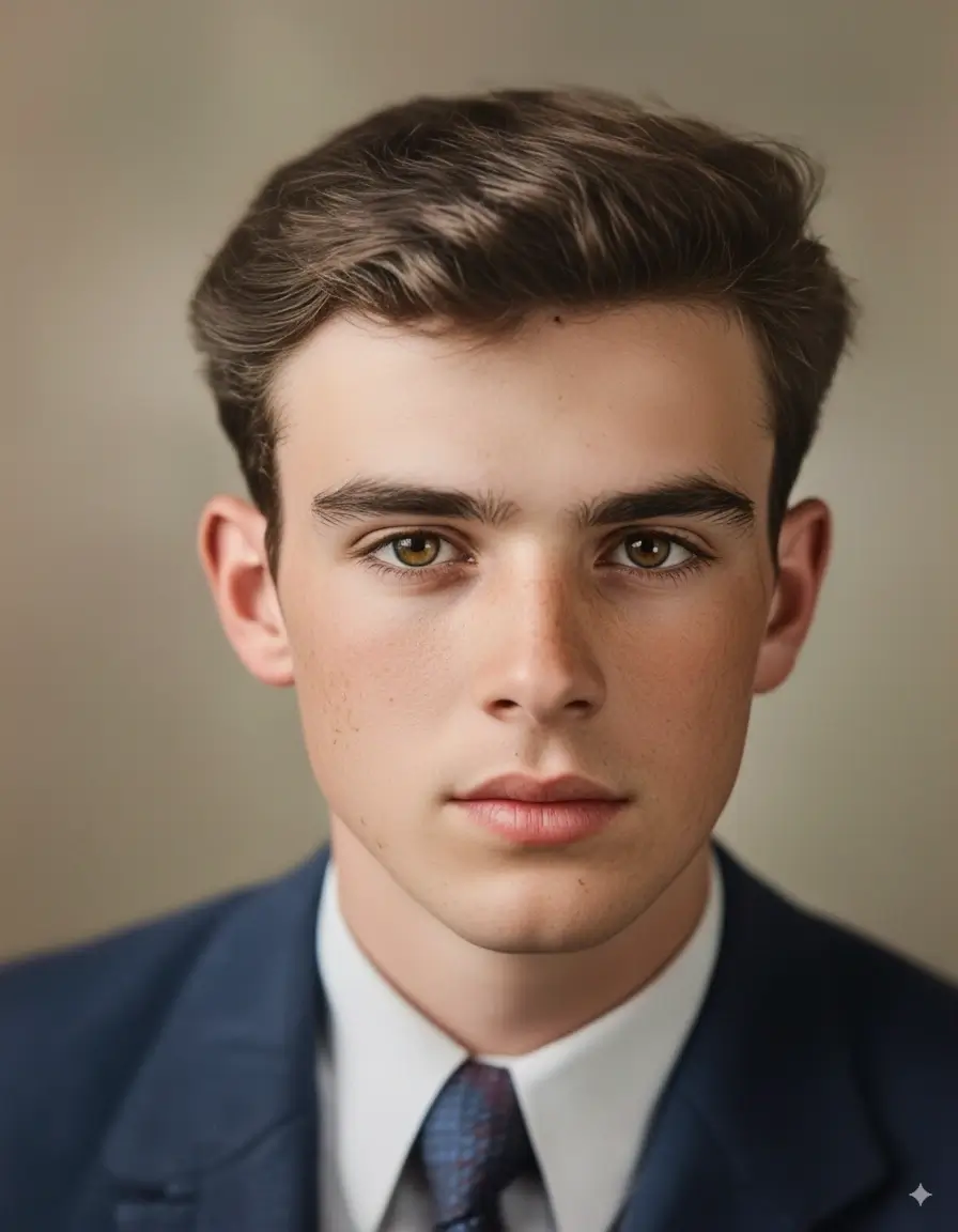 Black and white photo of young man in suit colorized with professional photo colorization technology
