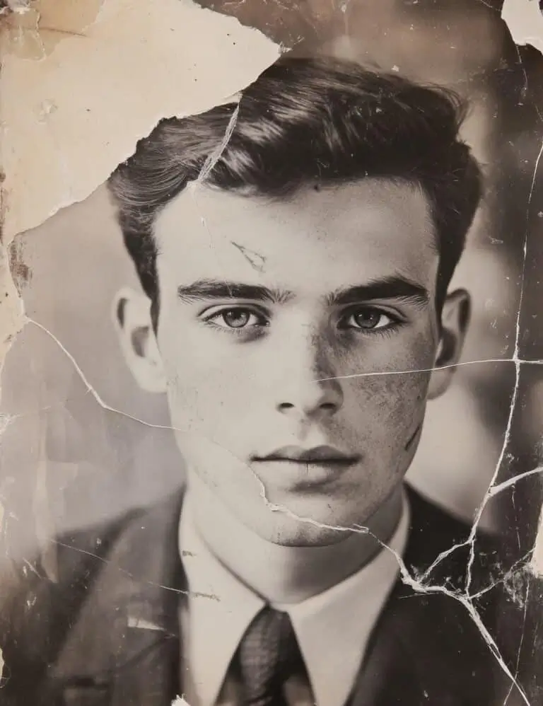 Black and white photo of young man in suit colorized with professional photo colorization technology