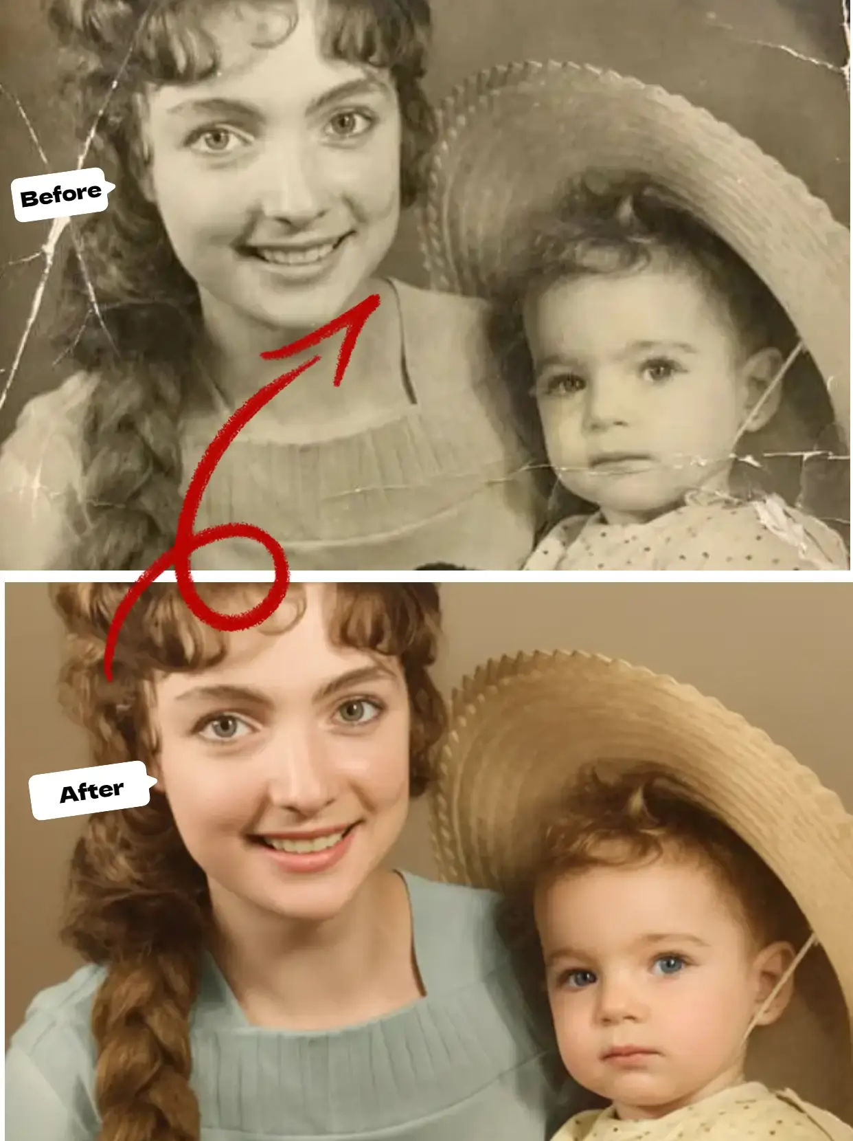 Black and White Photo Colorization Transformation - Mother and Daughter