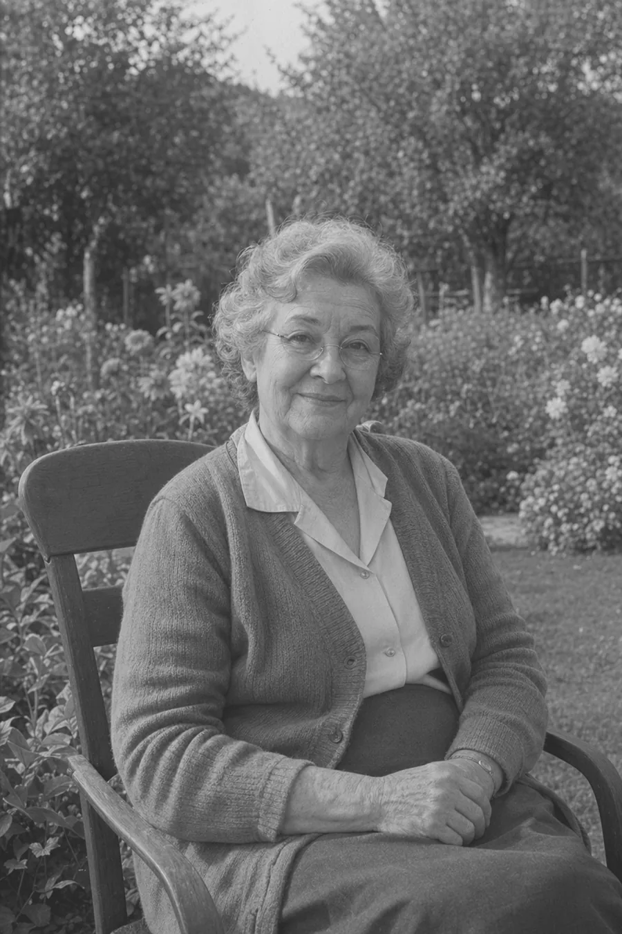 Black and white garden portrait before AI colorization