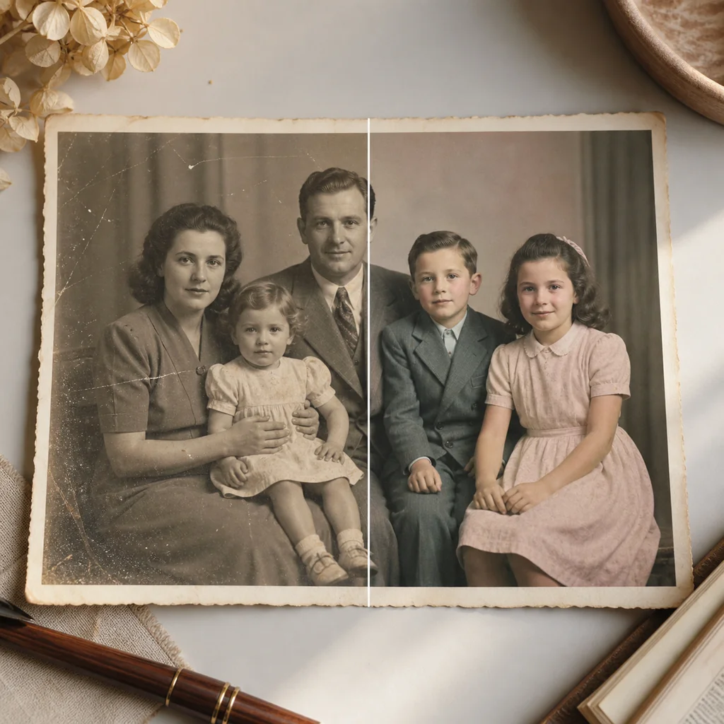 Before and after AI image restoration example