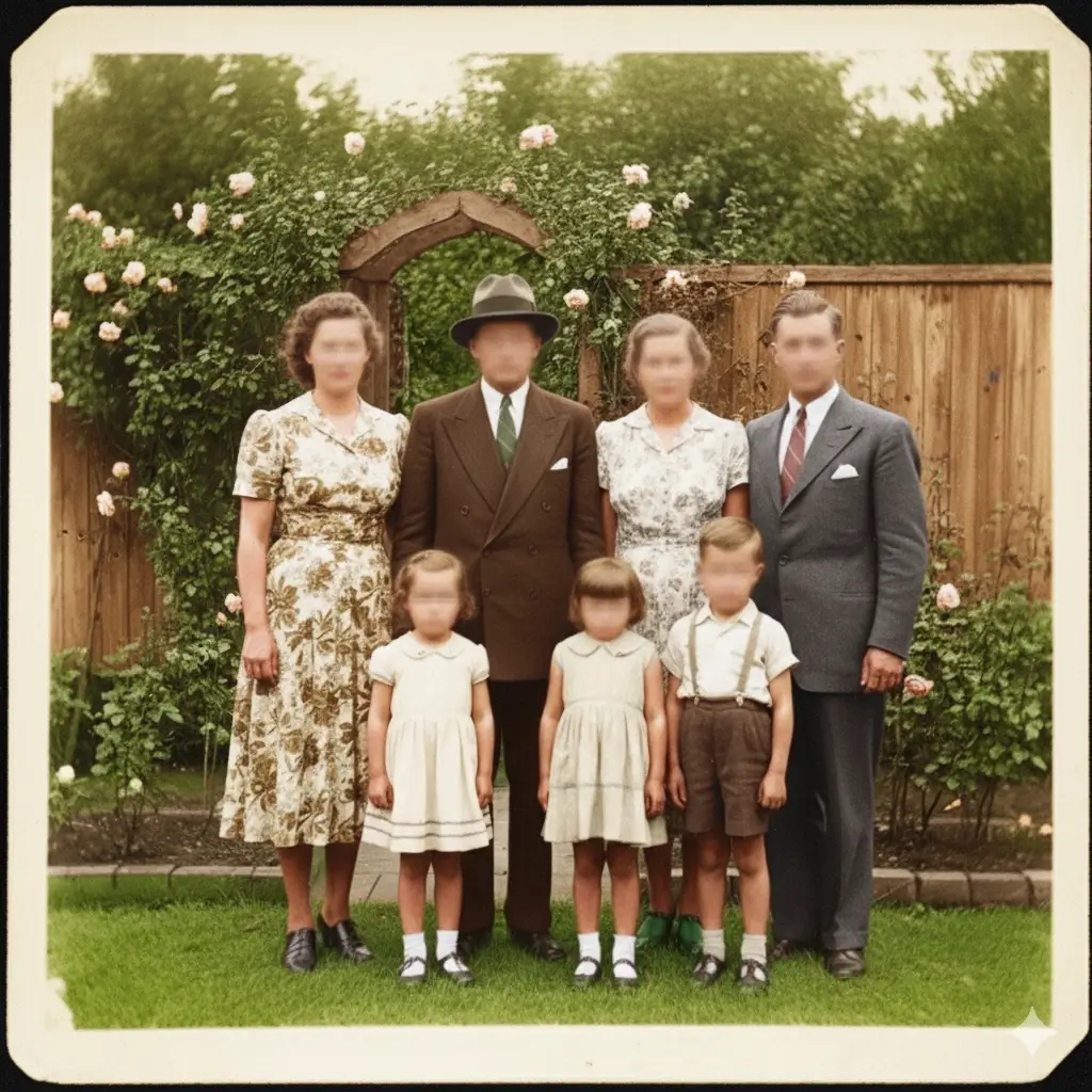 Blurry vintage family photo enhanced using AI photo enhancer