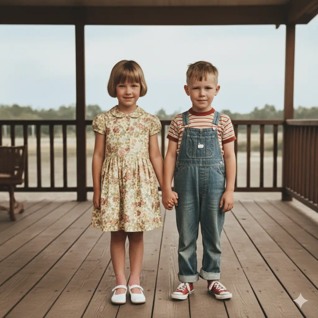 Faded siblings photo enhanced to high definition