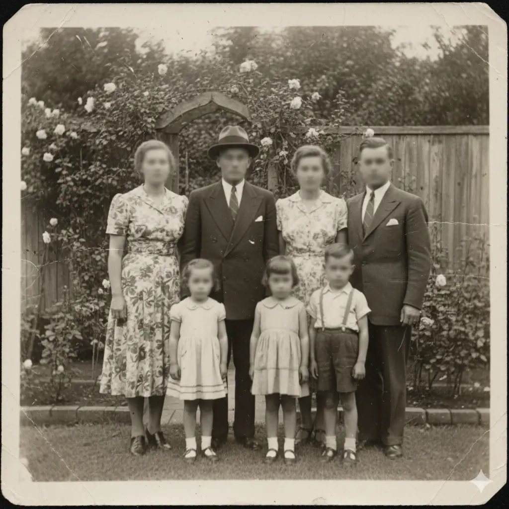 Blurry vintage family photo enhanced using AI photo enhancer